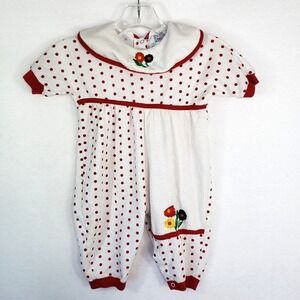 Small Steps Baby Romper 12 Month Red Polka Dot Floral Embroidered Vintage Outfit